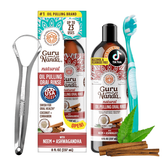 GuruNanda Coconut & Cinnamon Oil Pulling Flavor + Neem & Ashwagandha - Oral Rinse Mouthwash