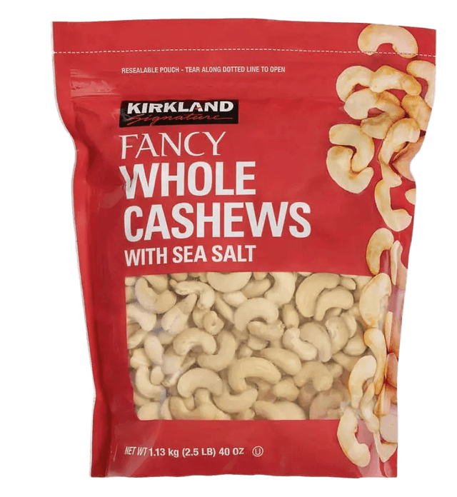 Kirkland Fancy Whole Cashews with Sea Salt plastic bag