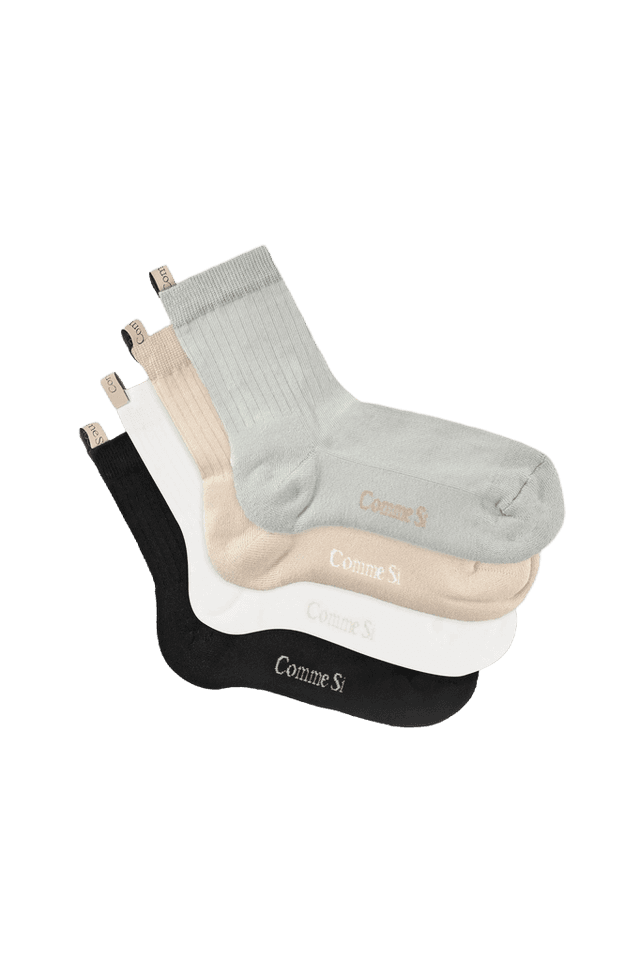 Comme Si Unisex Ribbed Socks Set 4 Pack Black White Beige Mint