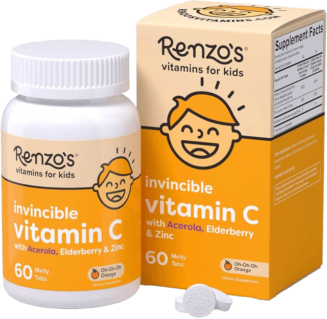 Renzo's Invincible Vitamin C with Acerola, Elderberry & Zinc Oh-Oh-Oh Orange Melty Tabs plastic bottle