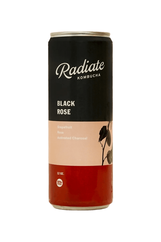 Radiate Kombucha Black Rose Grapefruit Rose Activated Charcoal 12 oz Can