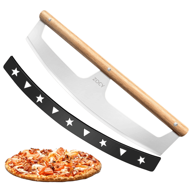 ZOCY Pizza Cutter Rocker with Wooden Handles & Protective Cover