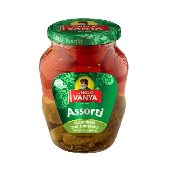 Uncle Vanya Assorti cucumbers and tomatoes glass bottle