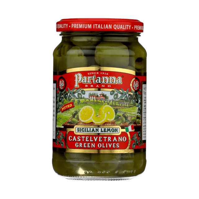 Partanna Sicilian Lemon Infused Pitted Castelvetrano Olives glass bottle