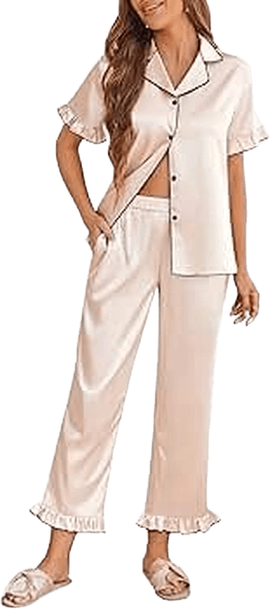 Ekouaer Women's Satin Silk Short Sleeve Button Down Pajama Set