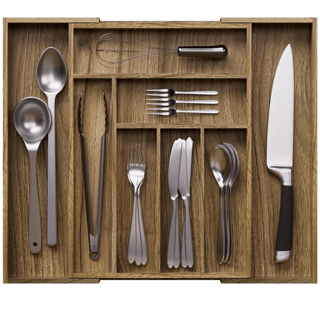Kiasthome Acacia Wood Kitchen Silverware Drawer Organizer Expandable Utensil Cutlery Drawer Organizer with Dividers Flatware Organizer Silverware Tray for Spoon Fork 13"-20"x16.9" (7-9 Slots)