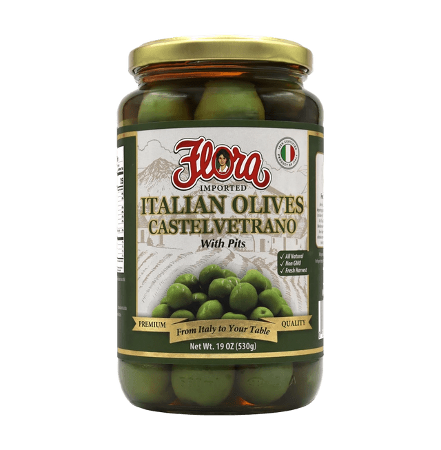 Flora Fine Foods Non GMO Fresh Harvest Olives glass jar