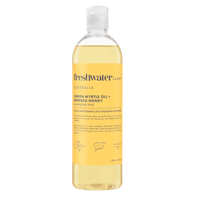 freshwater Farm Lemon Myrtle Oil + Manuka Honey Soothing Body Wash plastic bottle