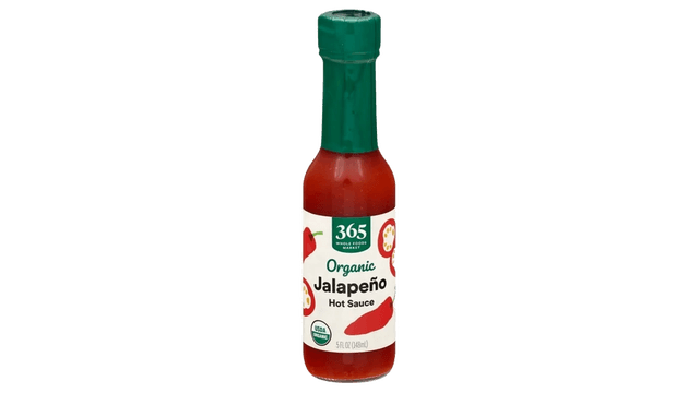 Whole Foods Market Organic Red Jalapeño Pepper Hot Sauce glass bottle