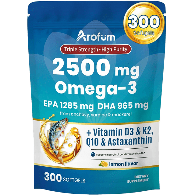 Arofun Omega-3 Triple Strength + Vitamin D3 & K2 + Q10 & Astaxanthin lemon flavor