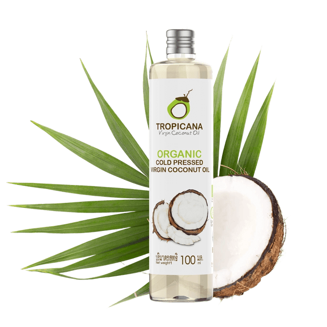 Tropicana Organic Cold Pressed Virgin Coconut Oil glass bottle