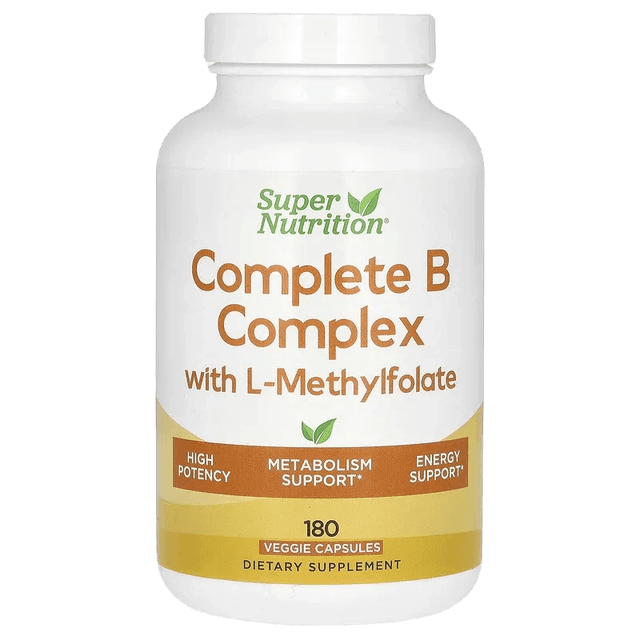SuperNutrition Super Nutrition Complete B Complex with L-Methylfolate with Biotin Pantothenic Acid Niacin and Vitamin B12 180 Veggie Capsules