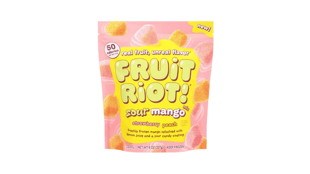 Fruit Riot Sour Mango Strawberry Peach plastic pouch