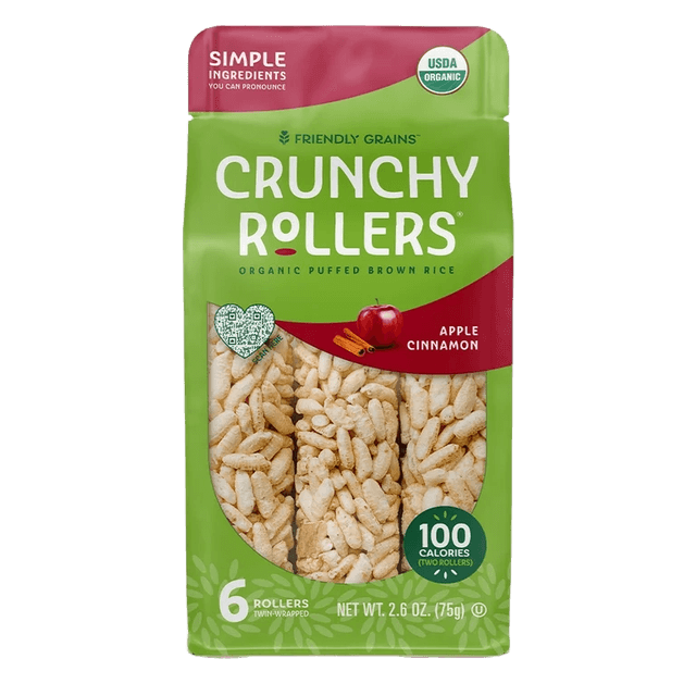 FRIENDLY GRAINS CRUNCHY ROLLERS Organic Puffed Brown Rice Apple Cinnamon