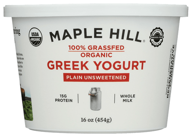 Maple Hill 100% Grassfed Organic Greek Yogurt Plain Unsweetened Whole Milk 16 oz (454g)