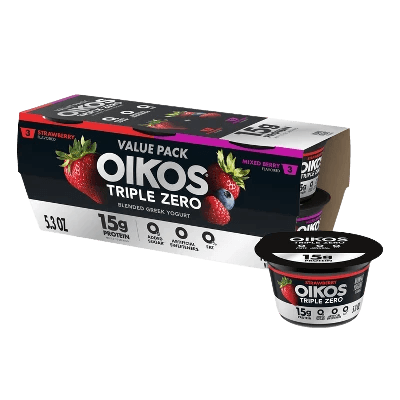 Oikos Triple Zero 15g Protein Yogurt Strawberry, Mixed Berry, and Vanilla